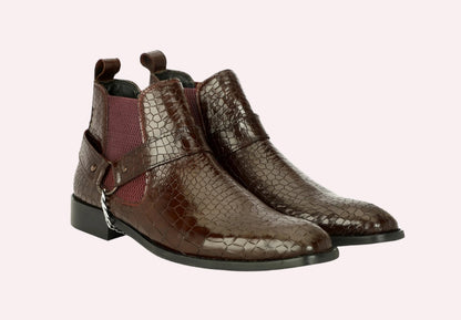 Genuine Leather Croco Chelsea Boots With Chain Buckle