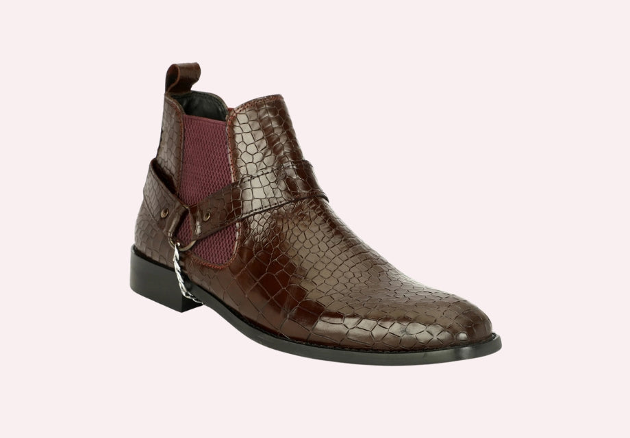 Genuine Leather Croco Chelsea Boots With Chain Buckle