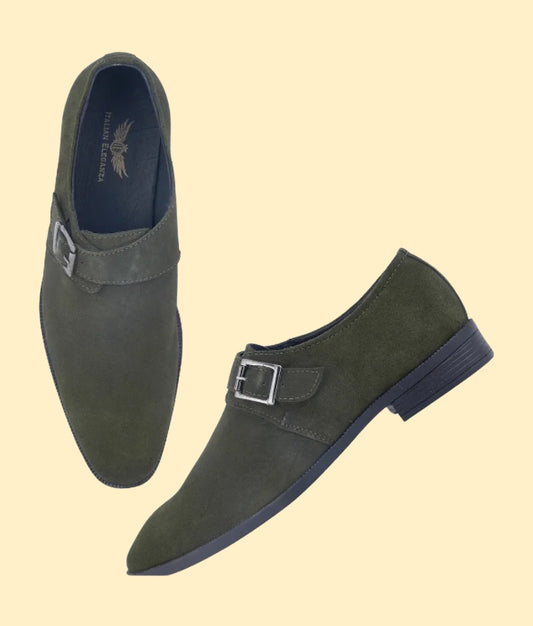 Stylish Genuine Suede Leather Solid Monkstrap for Men | Green